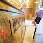 Pope Francis blesses the first segment of the Trinity Dome Mosaic.