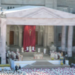 Pope Francis celebrates the Canonization Mass in the Outdoor Sanctuary on the Basilica's East Portico.